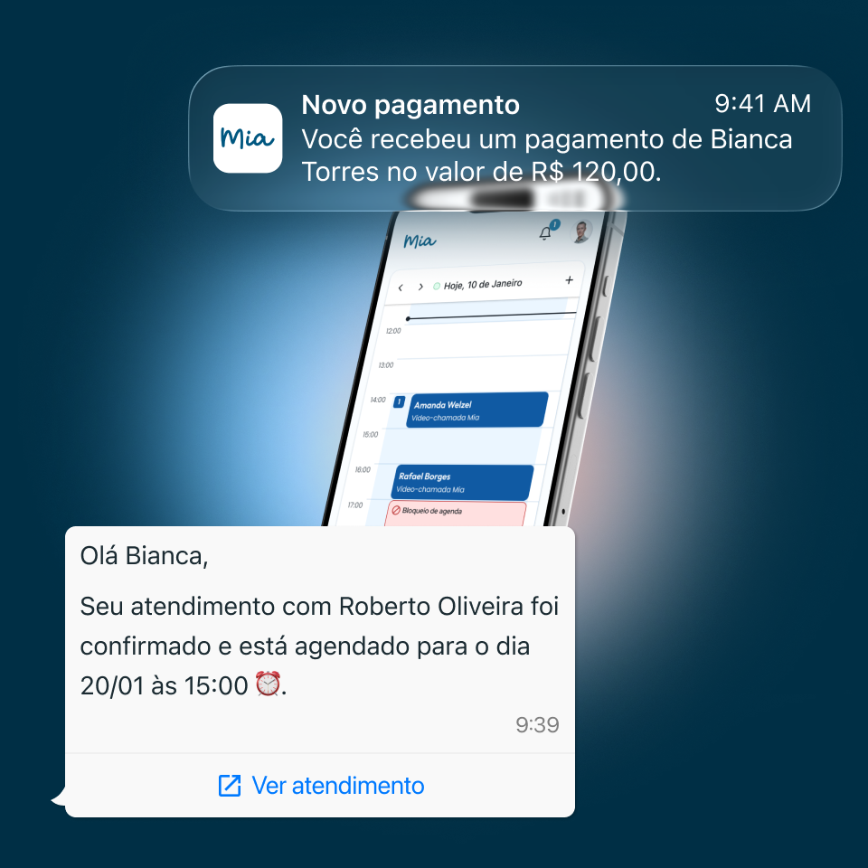 Mockup do app Mia mostrando notificação de pagamento recebido, a agenda do profissional e a confirmação do agendamento enviada ao cliente